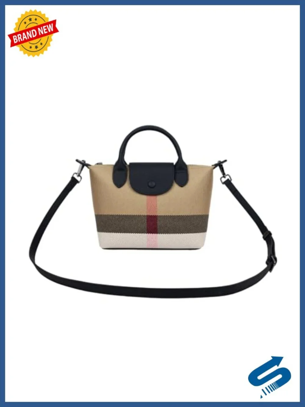 Vintage Plaid Leather Trim Satchel Crossbody Bag w/ Metal Feet & Magnetic Snap
